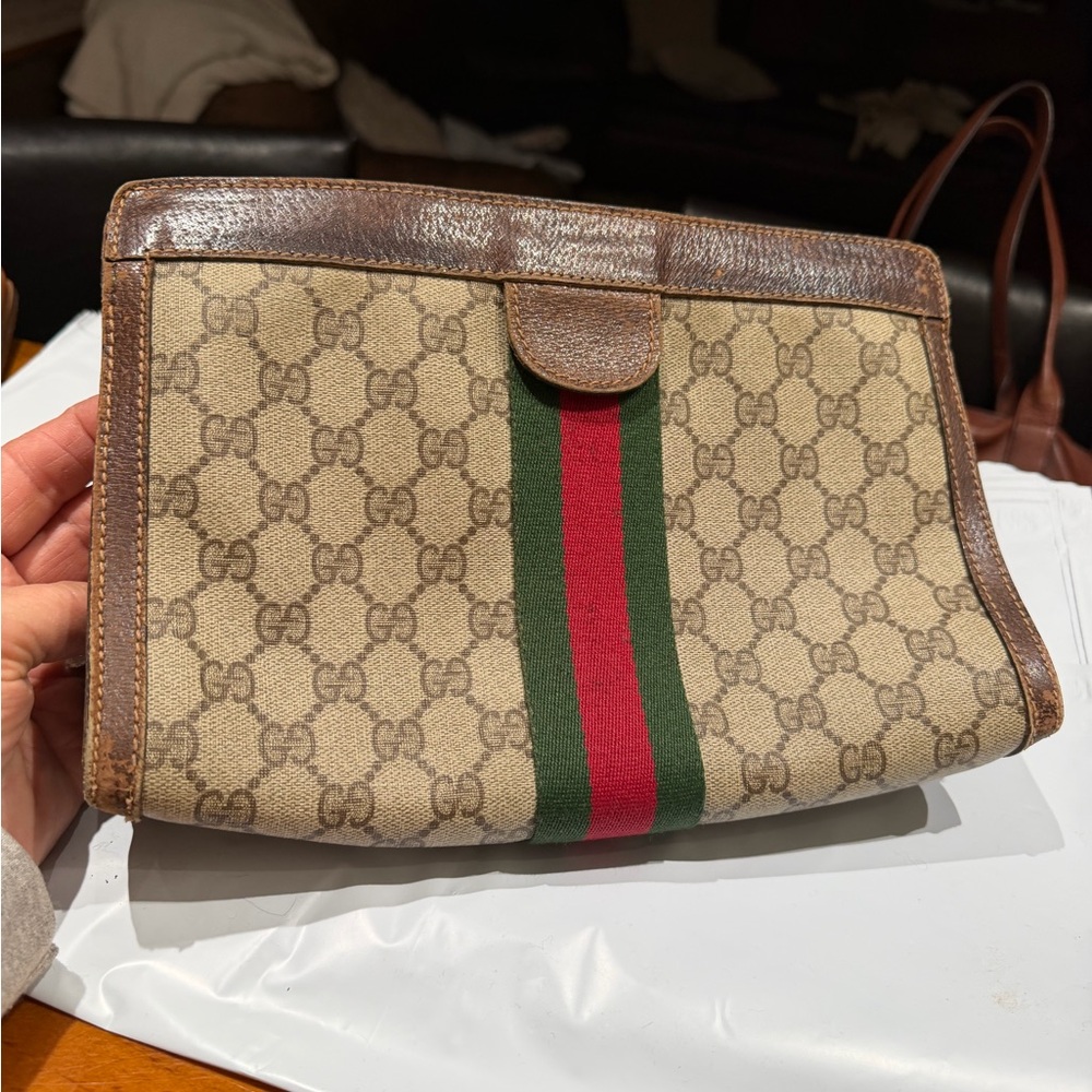 Gucci Beige Monogram Pouch with Red and Green Accent